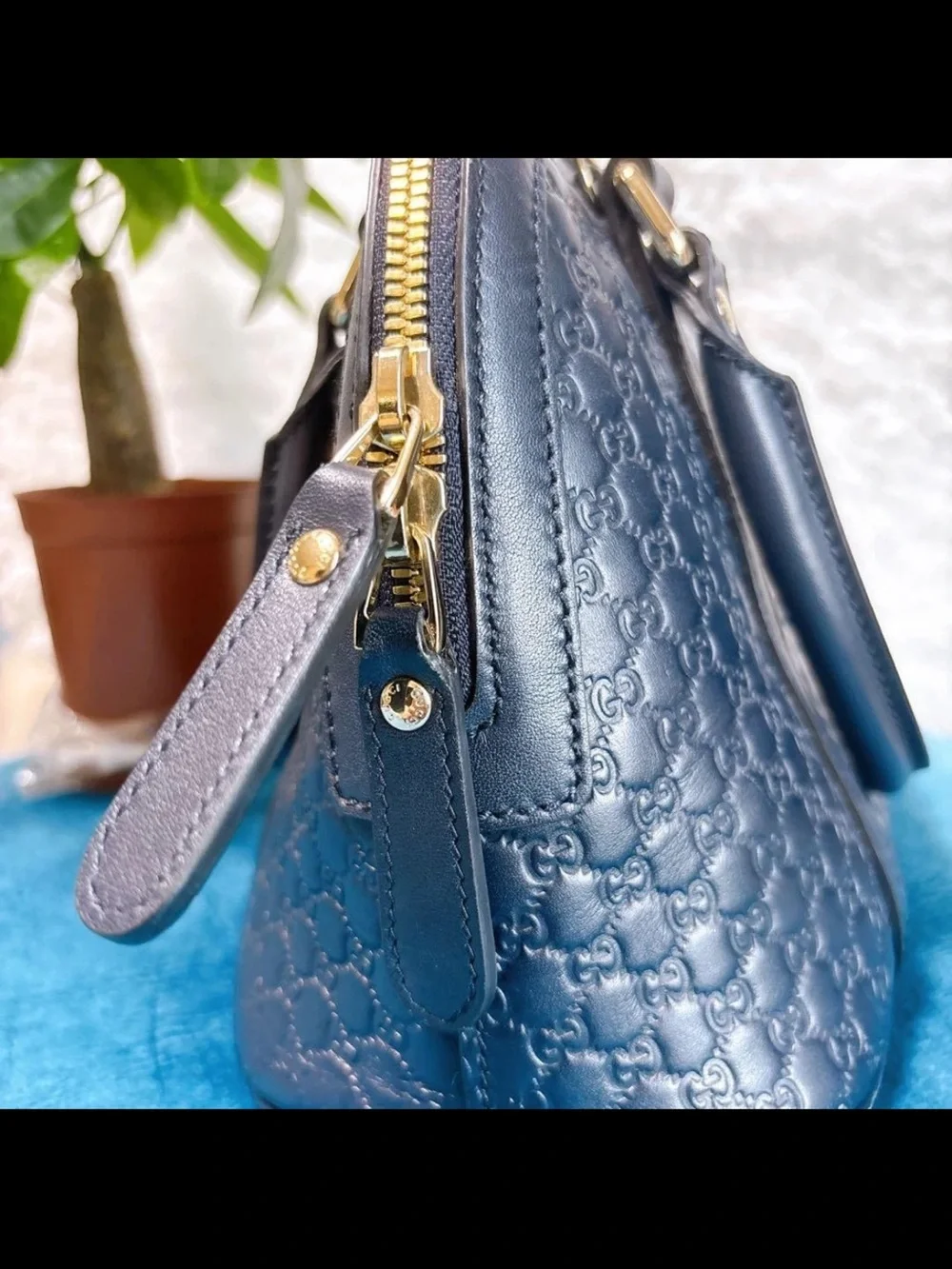 Gucci Navy Embossed GG Dome Satchel with Gold Hardware